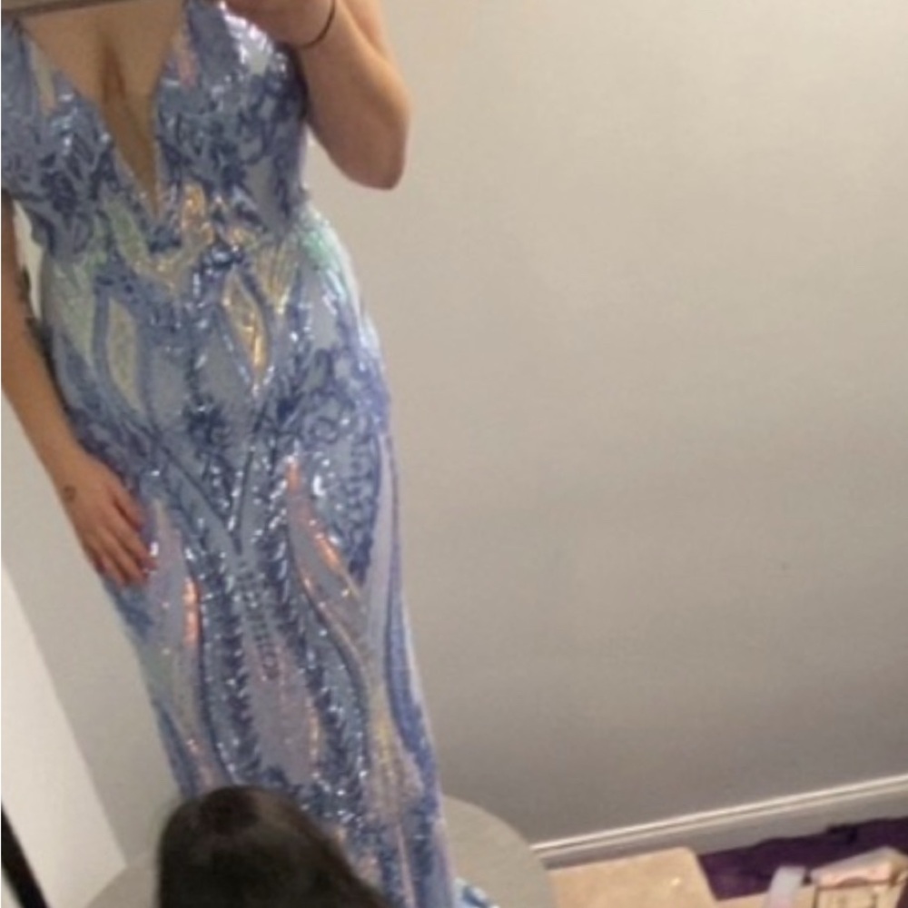 Clarisse Strapless Light Blue Sequin Dress 
Bought for prom worn one time
